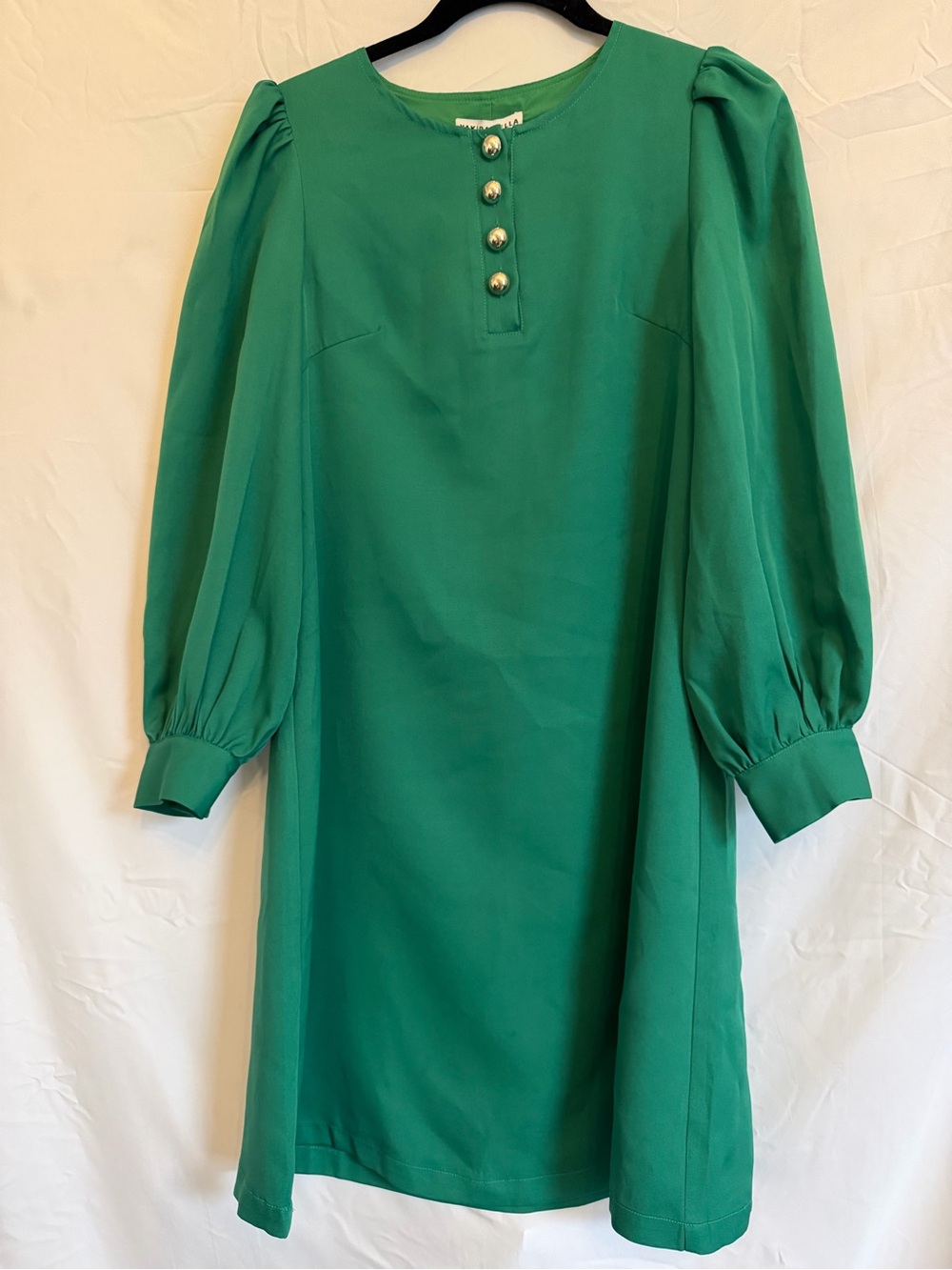 Yakira Bella Amanda Dress Kelly Green Puff Sleeve Gold Buttons NWT XS